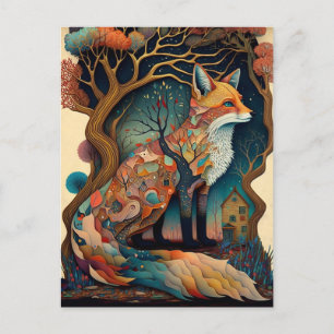 Carte Postale Art Fantastique de Renard Fantaisiste en Forêt