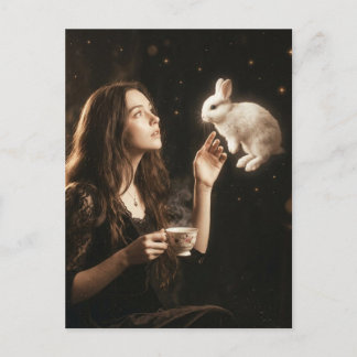 Carte Postale Art Fantastique Surrealiste Thé Avec Lapin Blanc 