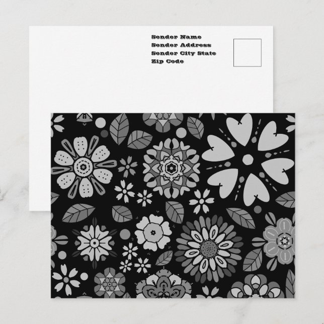 Carte Postale Art Floral Noir Et Gris Rétro Motif sans couture (Devant / Derrière)