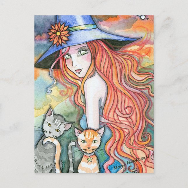 Carte postale Art Halloween Chat de sorcière par M (Devant)