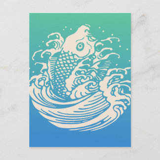 Carte Postale Art japonais Koi Poisson Bleu Design Vintage