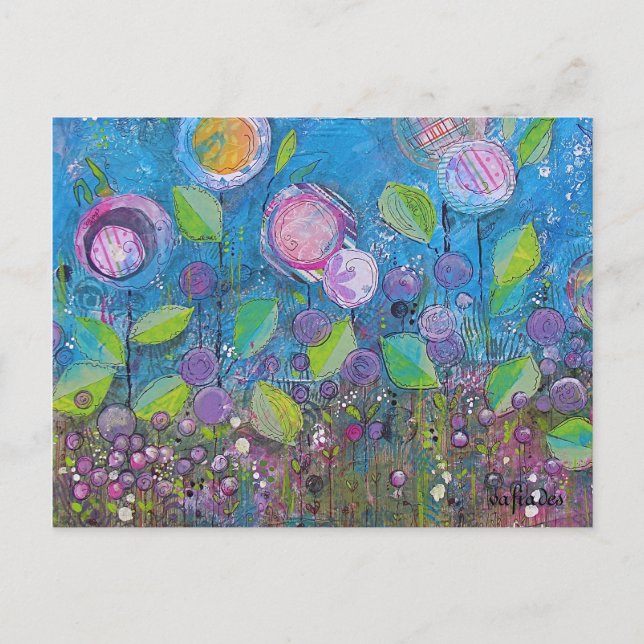 Carte Postale Art lunaire, fleurs vives dans un beau jardin. (Devant)