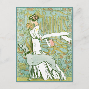 Carte Postale Art Nouveau Greyhound et dame à la fleur