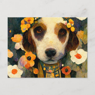 Carte Postale Art Nouveau Portrait of Beagle dog with flowers