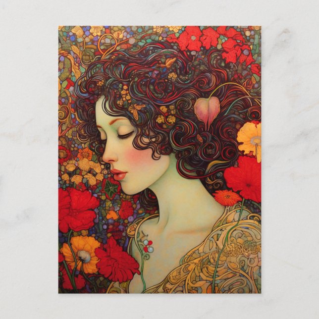 Carte Postale Art Nouveau Une femme au milieu des coquelicots ro (Devant)