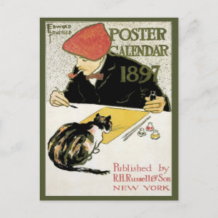 Carte Postale Art Nouveau vintage, Peinture Artiste avec chat an