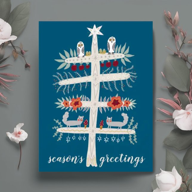 Carte Postale Art populaire Arbre de vie Noël Fêtes de Noël PERS (Hand drawn charming tree of life holiday postcard with cute animals. Customize the text too)