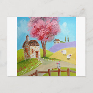 Carte Postale Art populaire paysage souris mouton vieux cottage