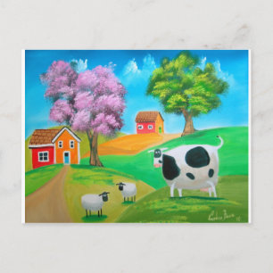 Carte Postale Art populaire peinture colorée de vache et de mout