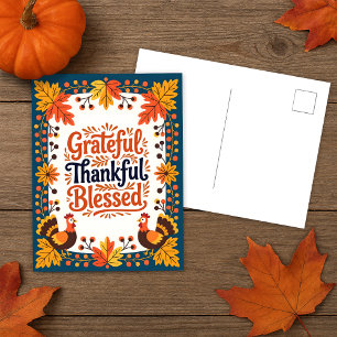 Carte Postale Art populaire rustique d'automne Grateful Thankful