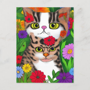Carte Postale Art populaire Whimsical Chat et Fleurs