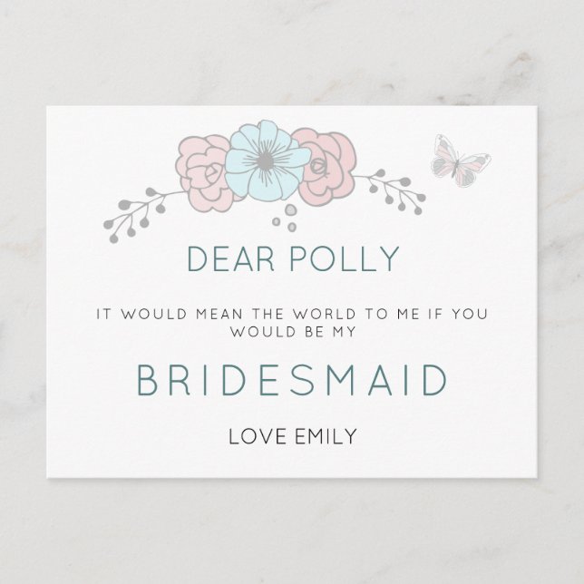 Carte Postale Artsy Pastel Florals Butterfly Bridesmaid Demande (Devant)