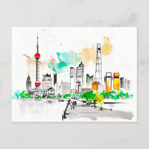 Carte Postale artwork d'encre complexe Shanghai Skyline au Bund