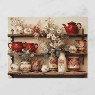 Carte Postale Assiettes rouges et blanches Cafetière Crémant Suc