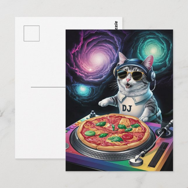 Carte Postale Astronaut Galaxy Planet Space Dj Cat Pizza Kitty   (Devant / Derrière)