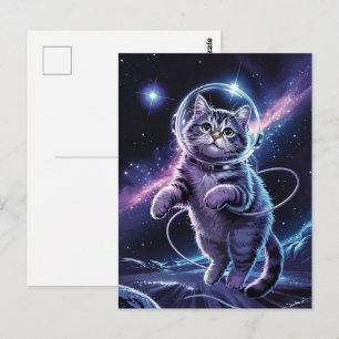 Carte Postale Astronaute Galaxie Planète Espace Chat Chaton Kitt