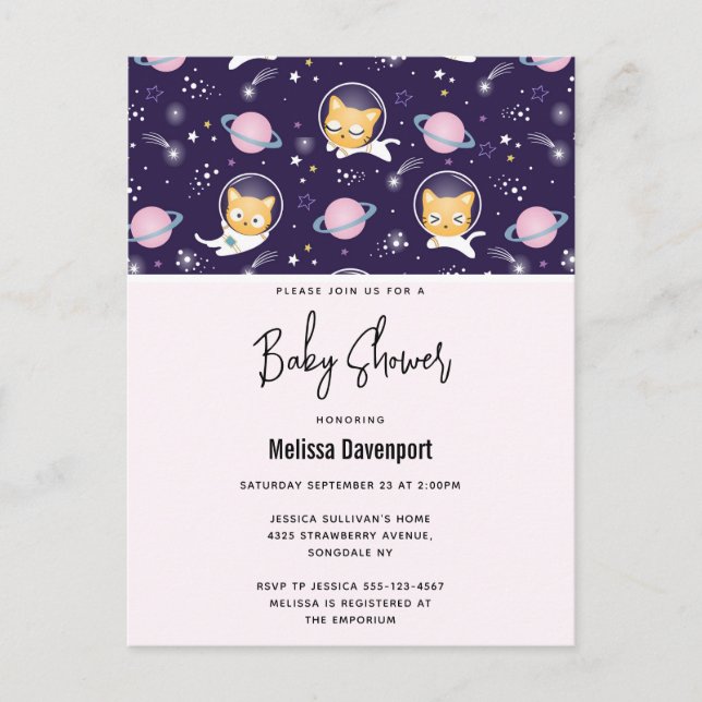 Carte Postale Astronautes de Kitty Chat Mignon Motif Baby Shower (Devant)
