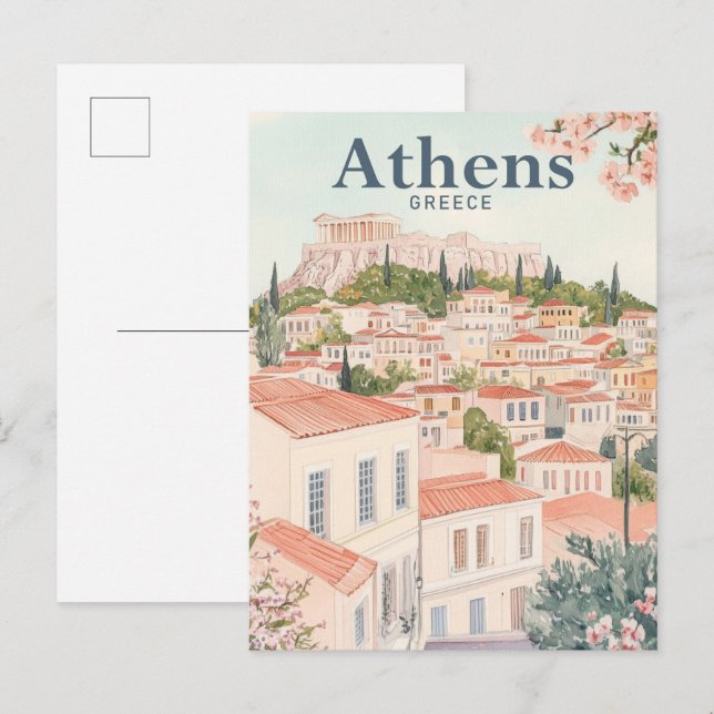 Carte Postale Athènes Grèce Aquarelle Peinture Voyage (Devant / Derrière)