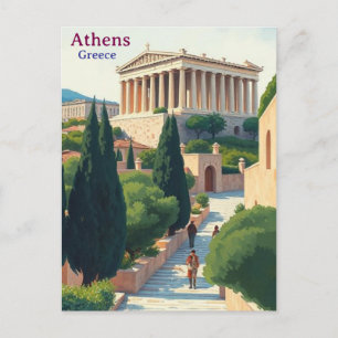 Carte Postale Athènes Grèce Gouache Peinture Illustration Voyage
