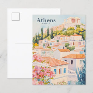 Carte Postale Athènes Grèce Gouache Peinture Illustration Voyage