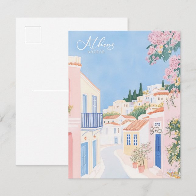 Carte Postale Athènes Grèce Gouache Peinture Illustration Voyage (Devant / Derrière)