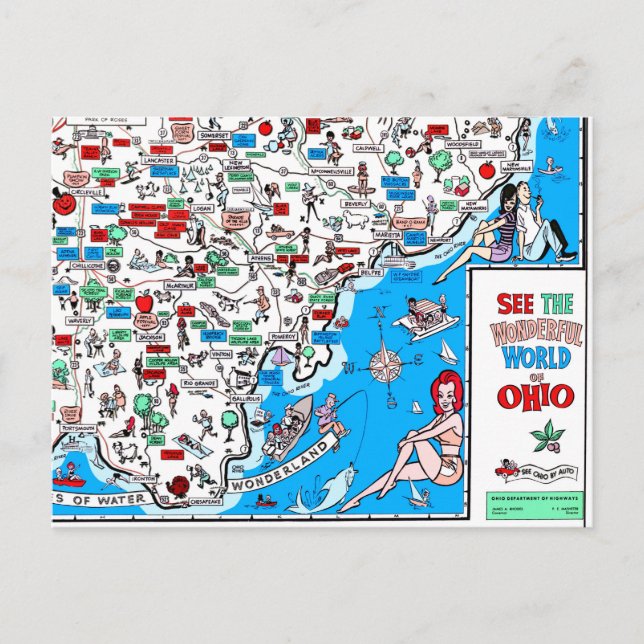 Carte Postale Athens Portsmouth Marietta retro 60s cartoon map (Devant)
