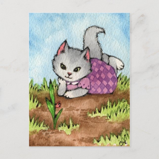 Carte Postale Attente de la croissance du jardin - Cute Cat Art (Devant)