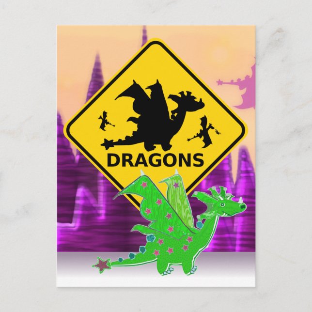 Carte Postale Attention aux dragons Signer de mignons caricature (Devant)