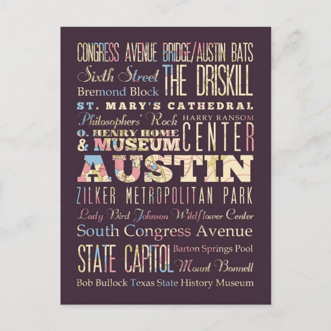 Carte Postale Attractions et endroits célèbres d'Austin, le (Devant)