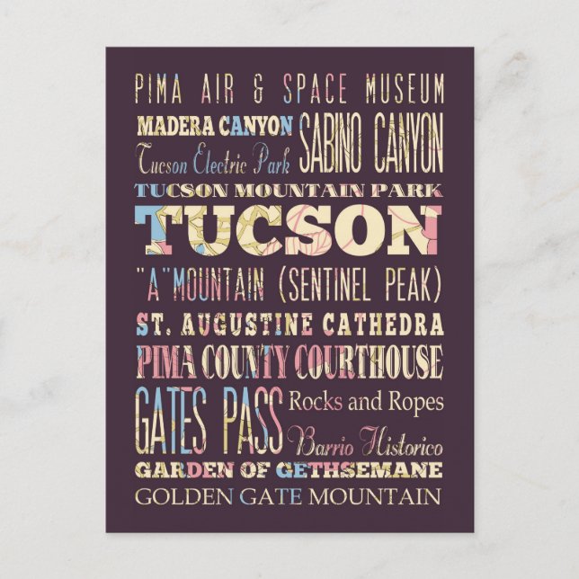 Carte Postale Attractions et lieux célèbres de Tucson, Arizona. (Devant)