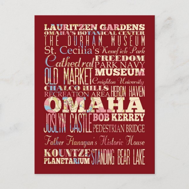 Carte Postale Attractions et lieux célèbres d'Omaha, Nebraska. (Devant)