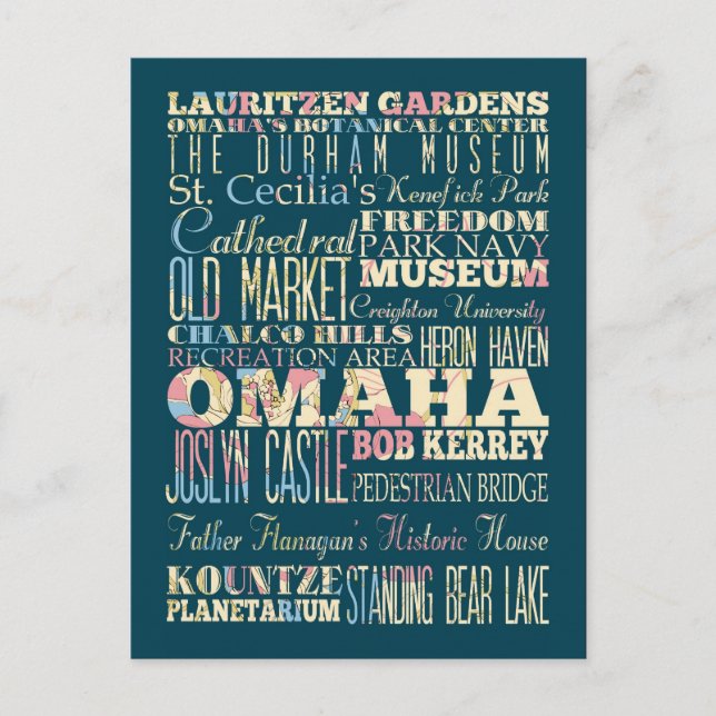 Carte Postale Attractions et lieux célèbres d'Omaha, Nebraska. (Devant)