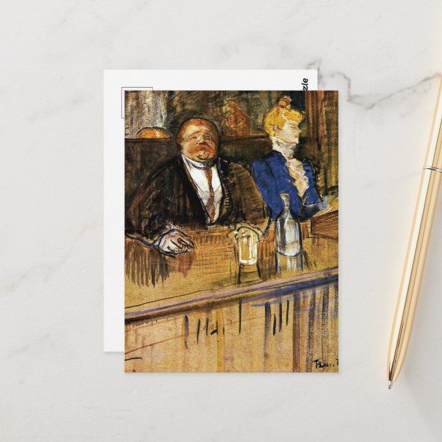 Carte Postale Au Café, le Client et la Caisse Anémique (Devant/Arrière en situation)