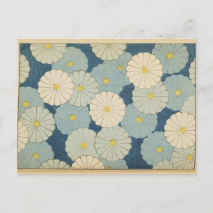 Carte postale au motif floral japonais blanc et bl