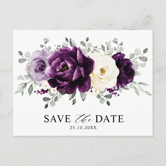 Carte Postale Aubergine prune ivoire blanc Enregistrer la date   (Devant)