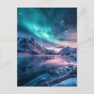Carte Postale Aurora Borealis au-dessus du paysage des montagnes