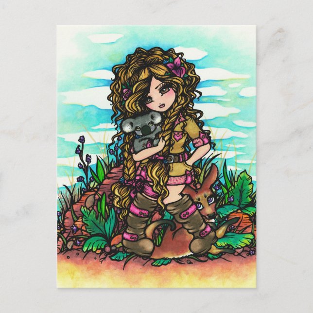 Carte postale Aussie Girl Koala Kangaroo Comic Art (Devant)
