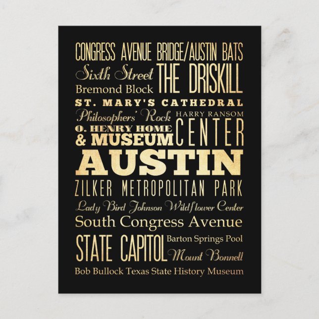 Carte Postale Austin City of Texas State Typography Art (Devant)
