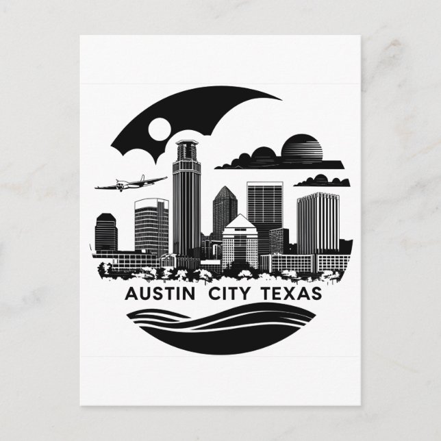 Carte Postale Austin City Texas Skyline Retro Black & White Art (Devant)
