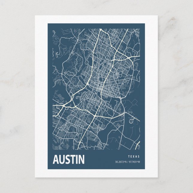 Carte Postale Austin Texas City Plan Line Art Blue Imprimer (Devant)