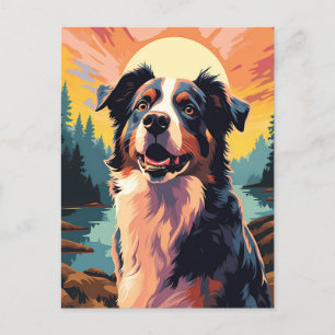 Carte Postale Australian-Shepherd dans la forêt au coucher du so
