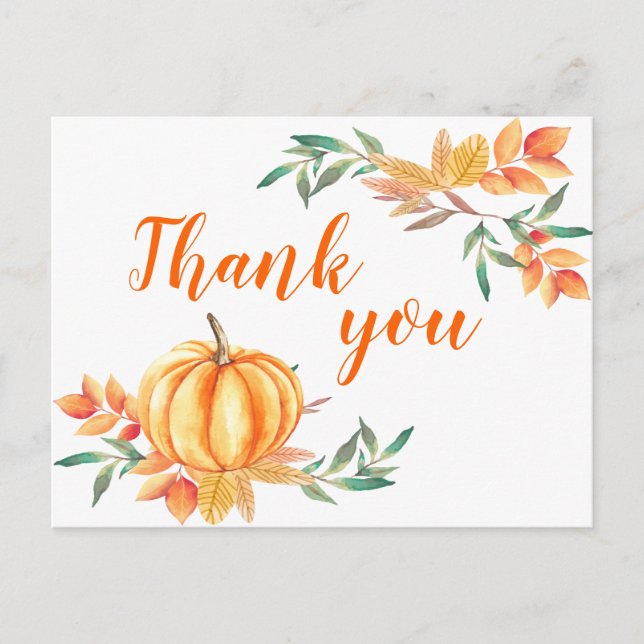 Carte Postale Automne Aquarelle Orange Citrouille Merci Feuille (Devant)