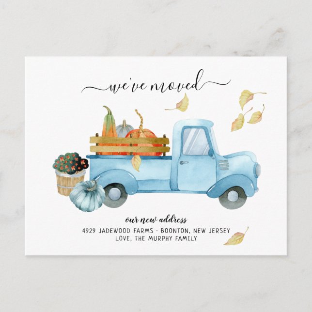 Carte Postale Automne Camion citrouille | Faire-part de déplacem (Devant)