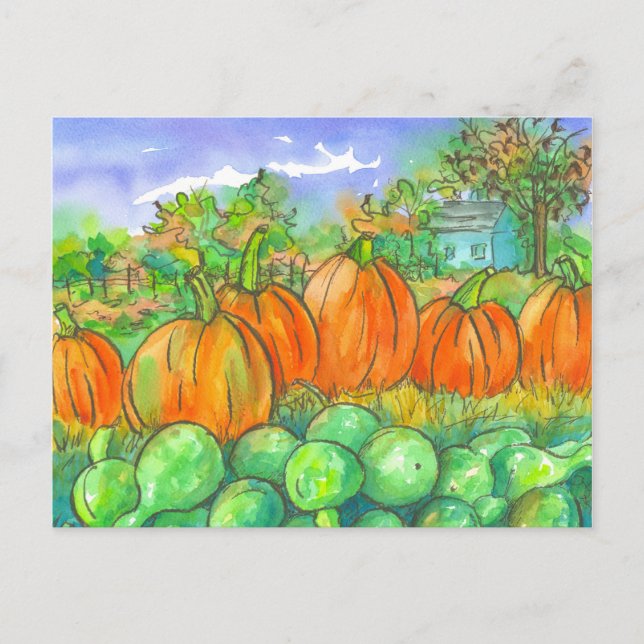 Carte Postale Automne Citrouille Gourtes récolte Aquarelle (Devant)
