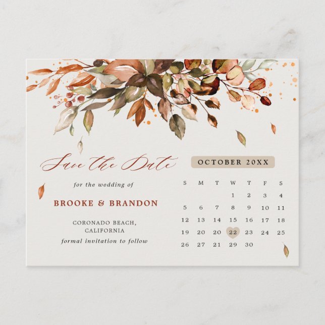 Carte Postale Automne Feuilles Rustique Pays Enregistrer la date (Devant)