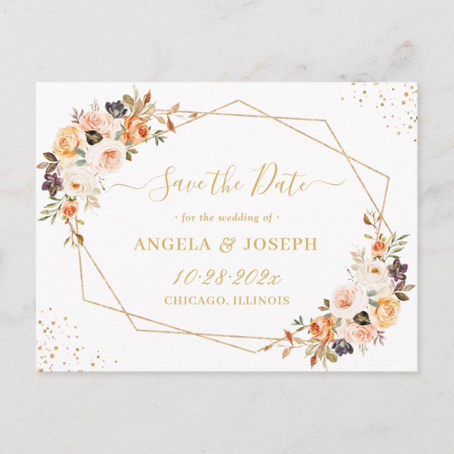 Carte Postale Automne Gold Bohemian Floral Enregistrer la date C (Devant)