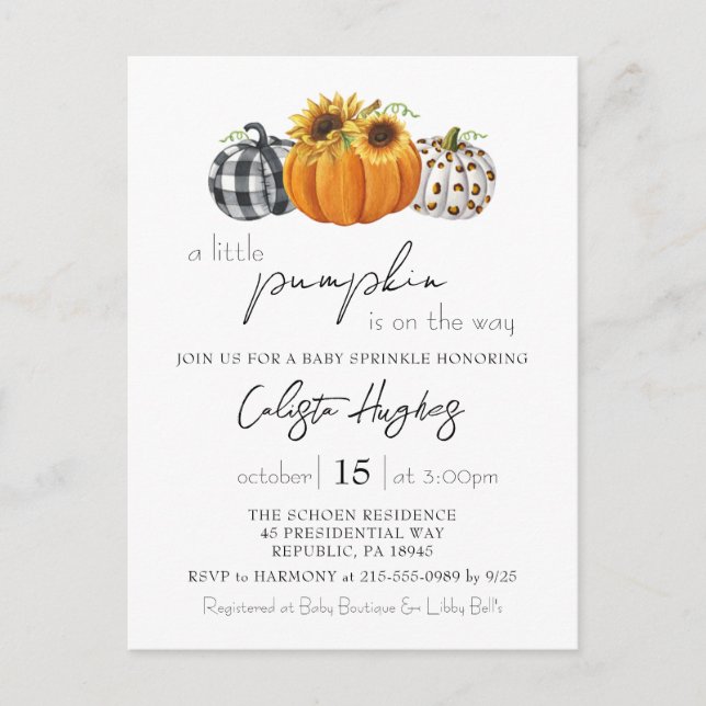 Carte Postale Automne Petit Citrouille Tournesol Bébé Sprinkle (Devant)