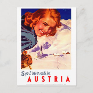 Carte Postale Autriche, femme heureuse sur ski, voyage vintage