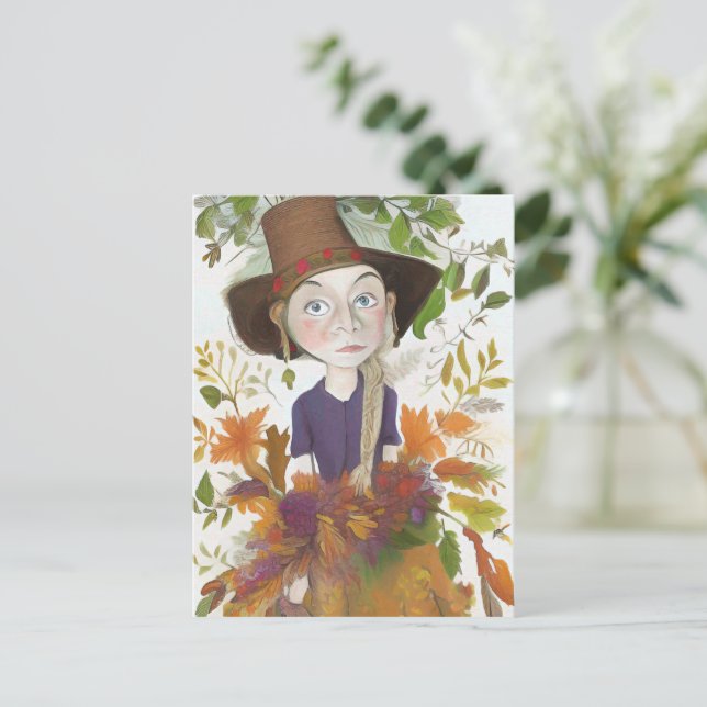 Carte Postale Autumn Farm Girl with Flowers Art Card (Debout devant)