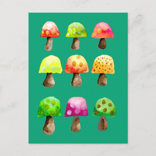 Carte postale aux champignons colorés (Devant)